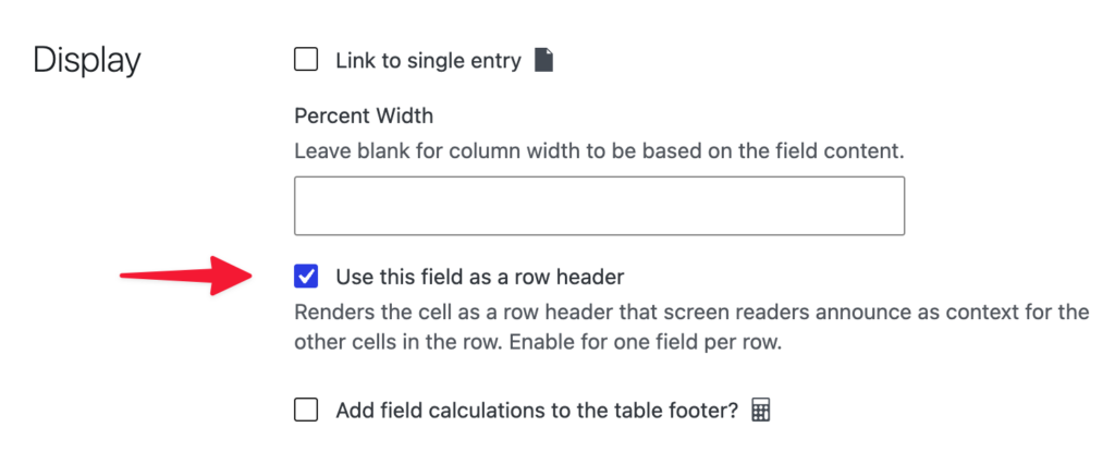 GravityView field settings showing the Display options, with a red arrow pointing to the enabled "Use this field as a row header" checkbox