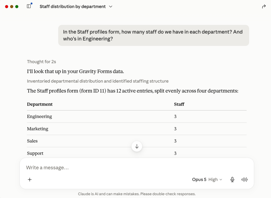Claude Desktop conversation showing the prompt "How many staff profiles do we have in each department? And who's in Engineering?" with Claude's answer listing the department breakdown and the three Engineering staff members