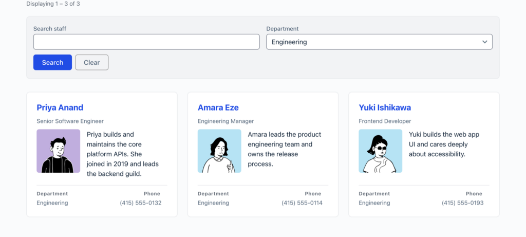Staff directory filtered by the Engineering department, displaying three matching staff cards and a Clear search button