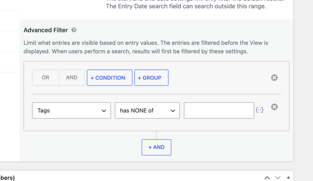 GravityView Advanced Filter condition builder showing a Tags field with the has NONE of operator and the field-comparison merge tag button
