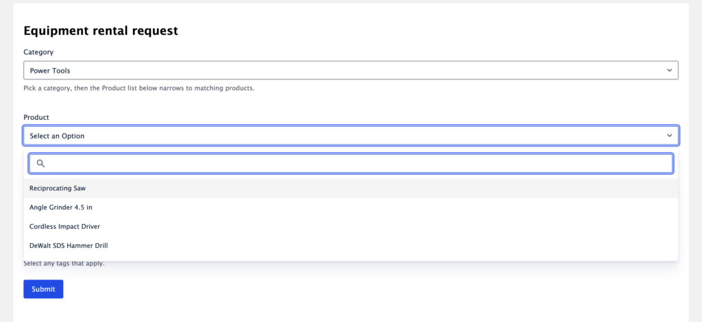 Gravity Forms Dynamic Lookup field with the Power Tools category selected, filtering the Product dropdown to only matching products shown as a searchable list