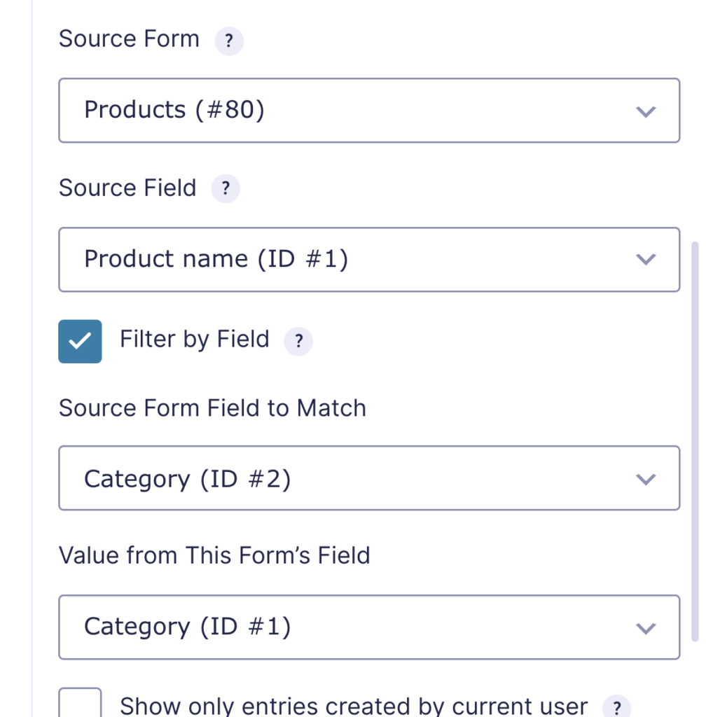 Lookup field settings with Filter by Field enabled, matching the source form's Category field to the value of this form's Category field