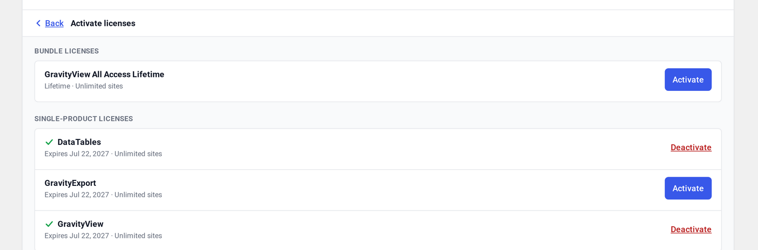 Activate licenses list grouped into bundle and single-product licenses with Activate and Deactivate actions