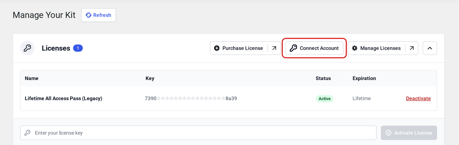 Manage Your Kit screen with the Connect Account button highlighted