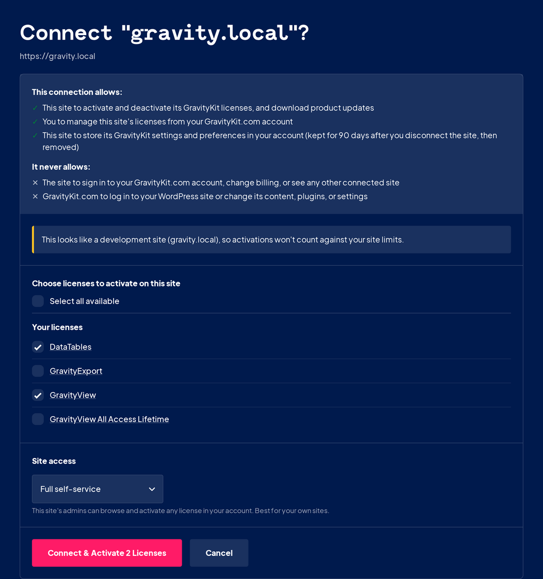 GravityKit.com authorization screen with the connection permissions, license picker, Site access setting, and the Connect and Activate button