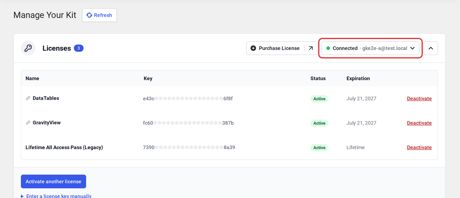 Licenses section showing the Connected status with the linked account email and the active license table