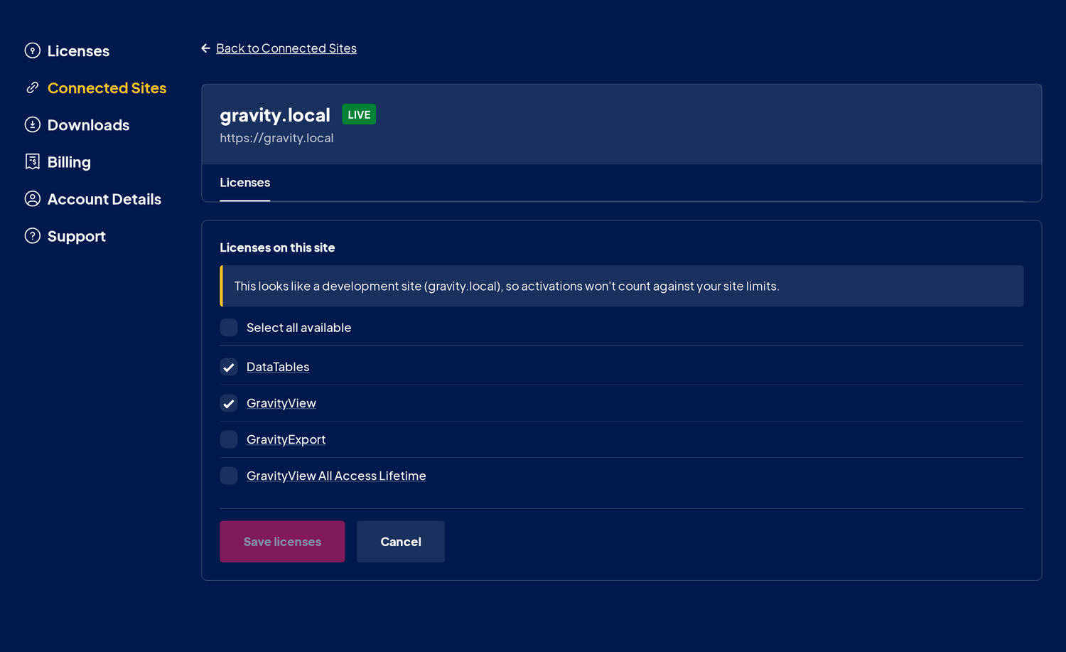 Manage Licenses page for a connected site with the license selection list and Save licenses button