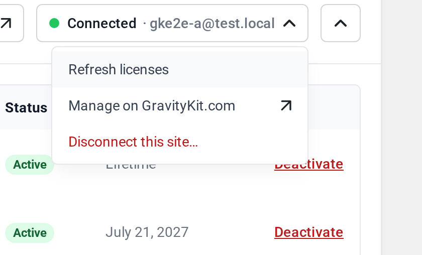 Connection menu with Refresh licenses, Manage on GravityKit.com, and Disconnect this site options