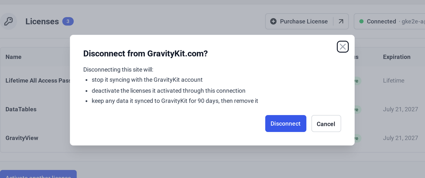 Disconnect confirmation dialog listing what disconnecting the site will do
