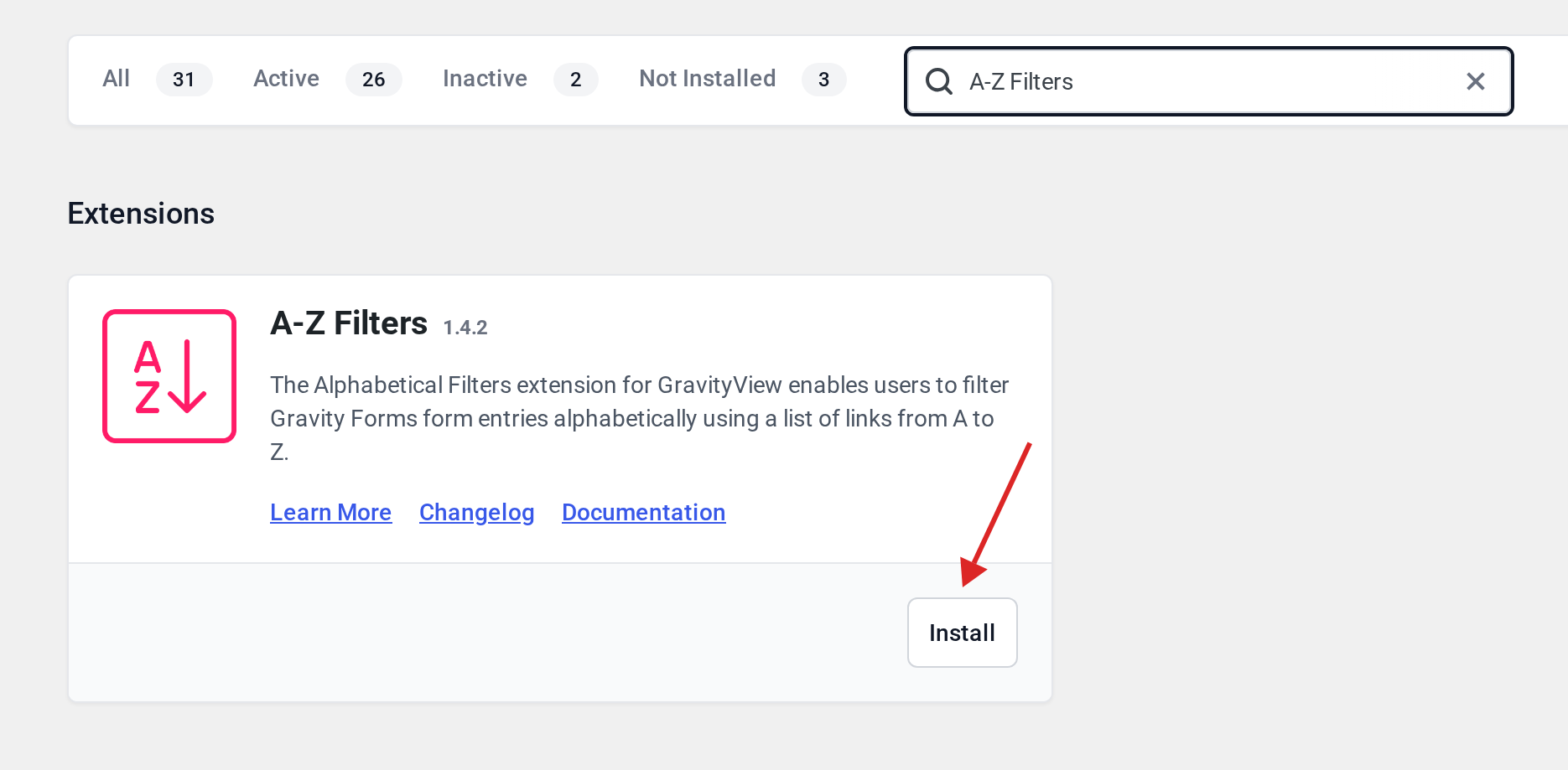 Manage Your Kit plugins list filtered to A-Z Filters with an arrow pointing at the Install button
