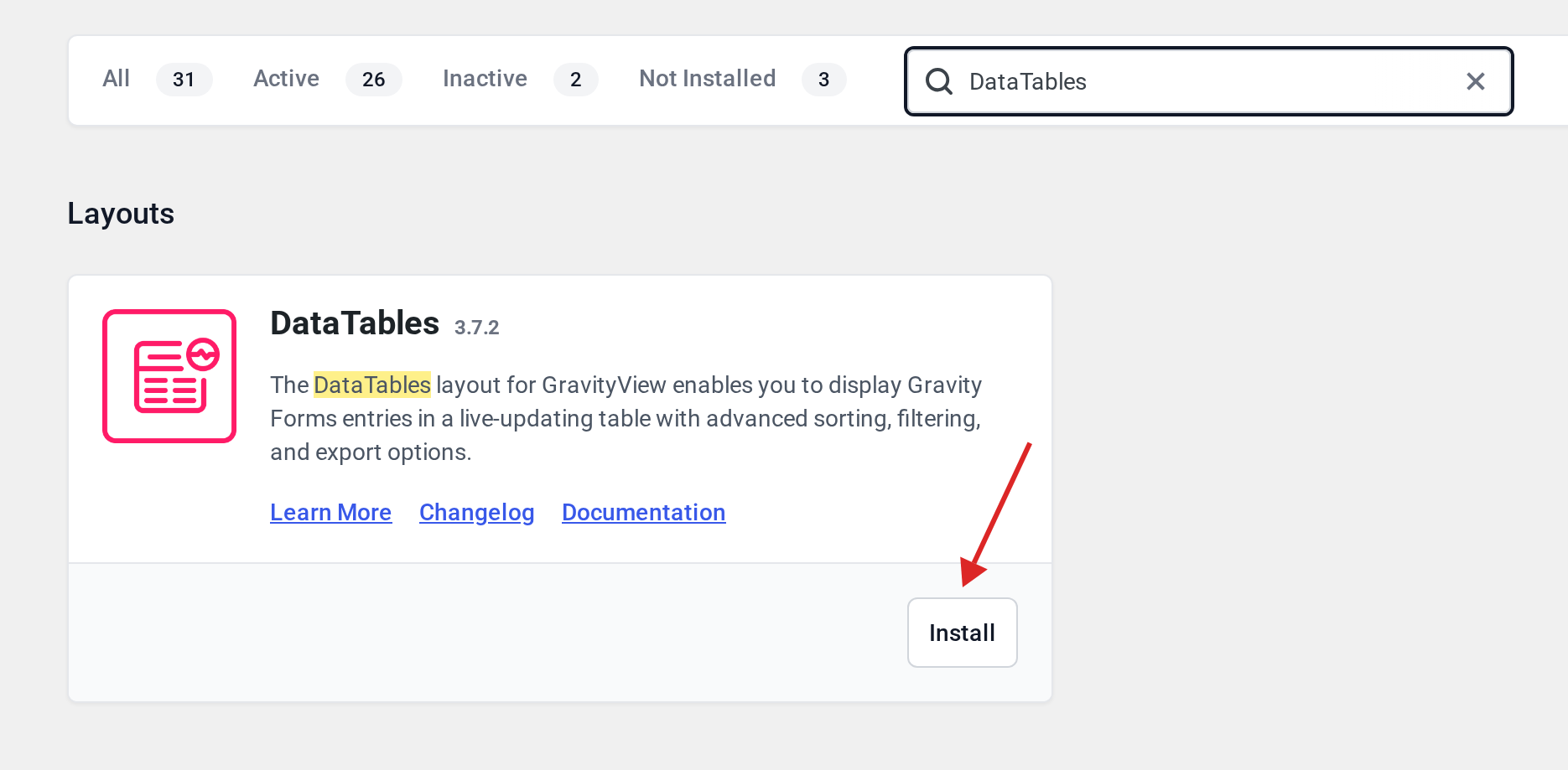 Manage Your Kit plugins list filtered to DataTables with an arrow pointing at the Install button