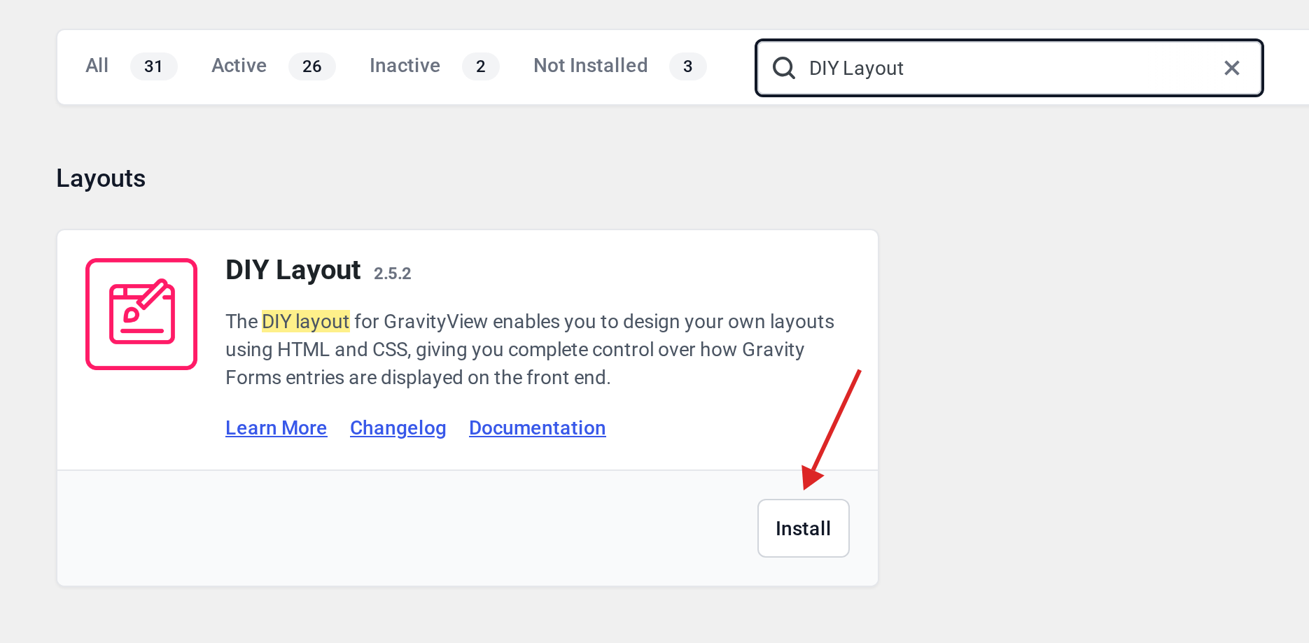 Manage Your Kit plugins list filtered to DIY Layout with an arrow pointing at the Install button
