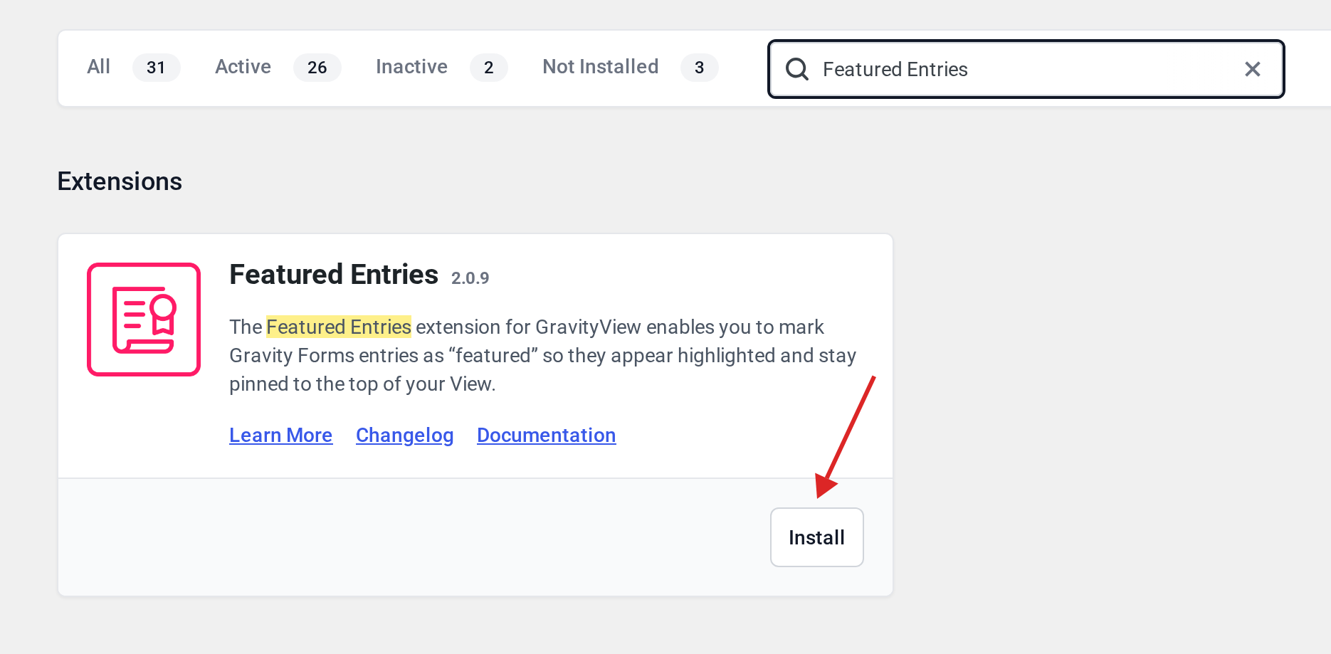 Manage Your Kit plugins list filtered to Featured Entries with an arrow pointing at the Install button