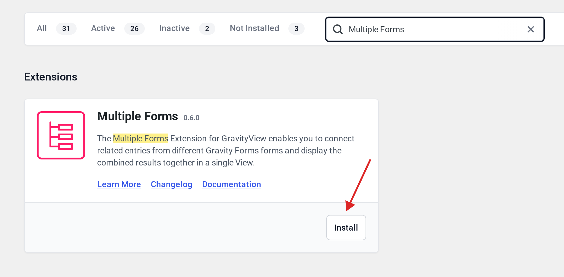 Manage Your Kit plugins list filtered to Multiple Forms with an arrow pointing at the Install button