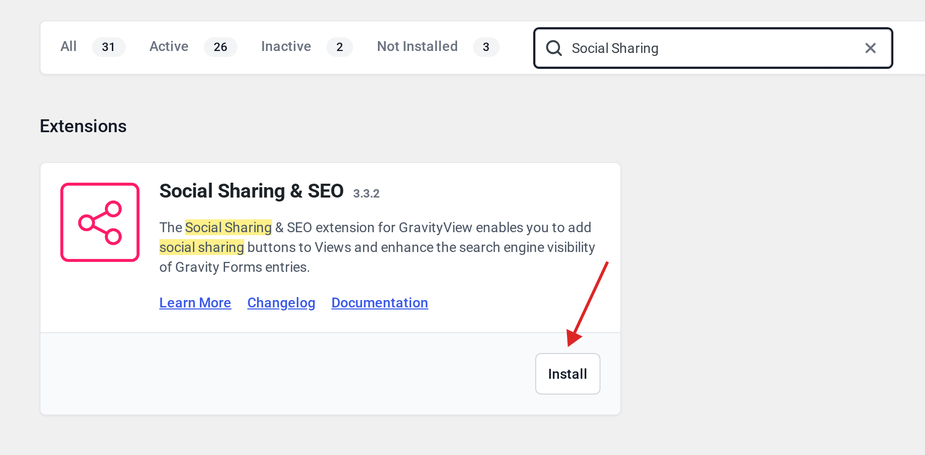 Manage Your Kit plugins list filtered to Social Sharing & SEO with an arrow pointing at the Install button