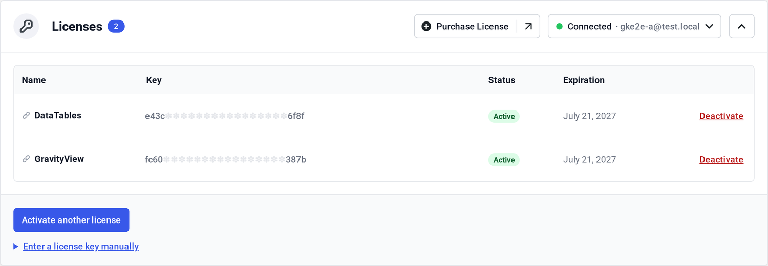 Licenses section on a connected site showing the Connected status and the account-managed licenses active
