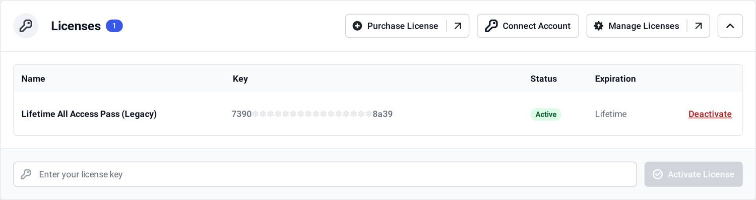 Licenses table showing a manually activated license with its status, expiration date, and Deactivate action