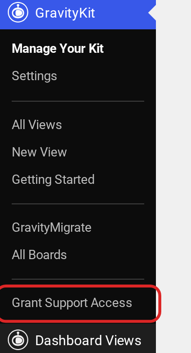 GravityKit menu with "Grant Support Access" highlighted