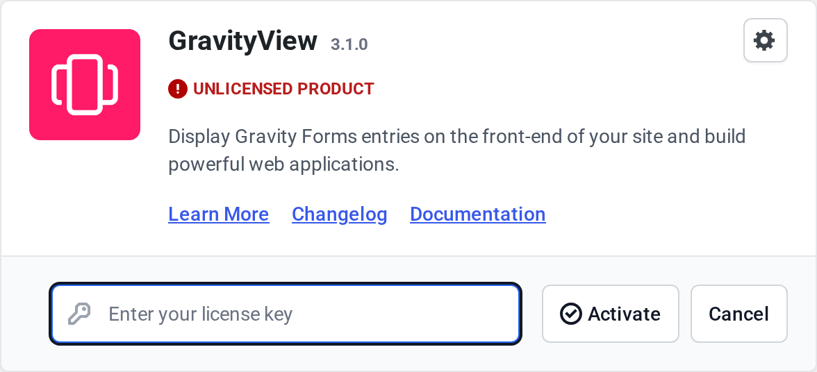 GravityKit product card marked Unlicensed Product with the license key field and Activate button