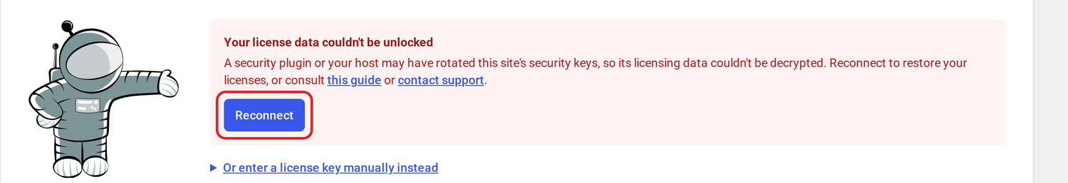Notice saying the license data could not be unlocked, with a Reconnect button and a manual entry fallback