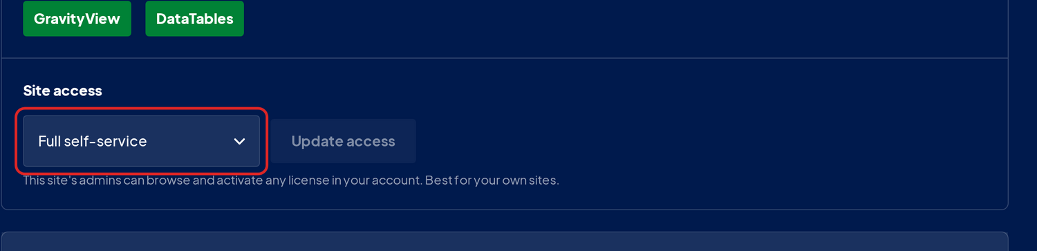 Site access selector for a connected site with the Update access button