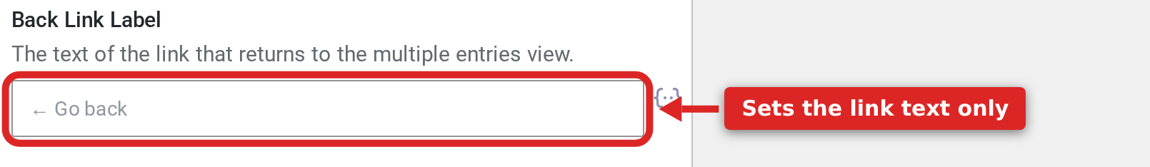 The Back Link Label field in the Single Entry tab of GravityView View Settings, showing the default placeholder of an arrow followed by Go back.