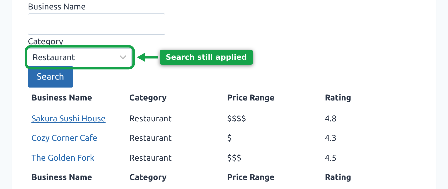 The same GravityView search bar after clicking Go Back with the snippet active, with Restaurant still selected and only matching entries listed.