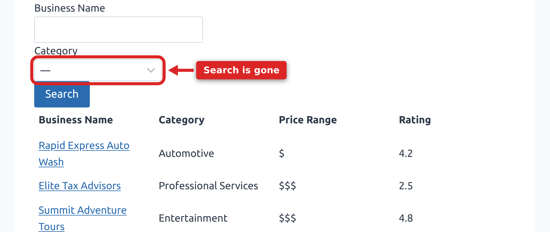 A GravityView search bar after clicking Go Back, with the Category dropdown empty and all entries listed again.