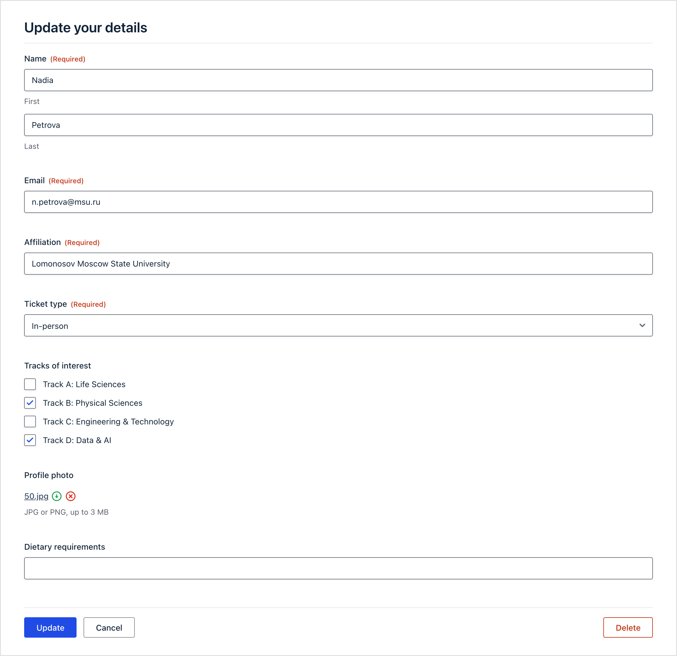 A conference attendee editing their own registration details from the front end of the site
