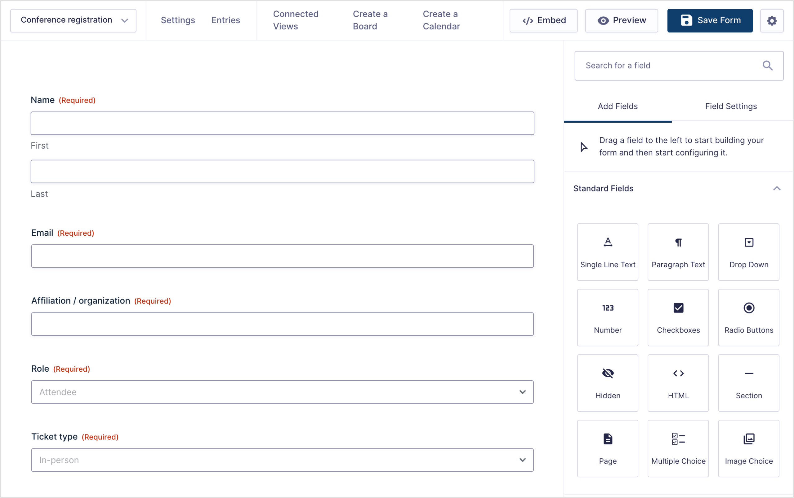 Gravity Forms form editor showing a conference registration form with fields for name, email, affiliation, role, ticket type, tracks of interest, and a profile photo upload