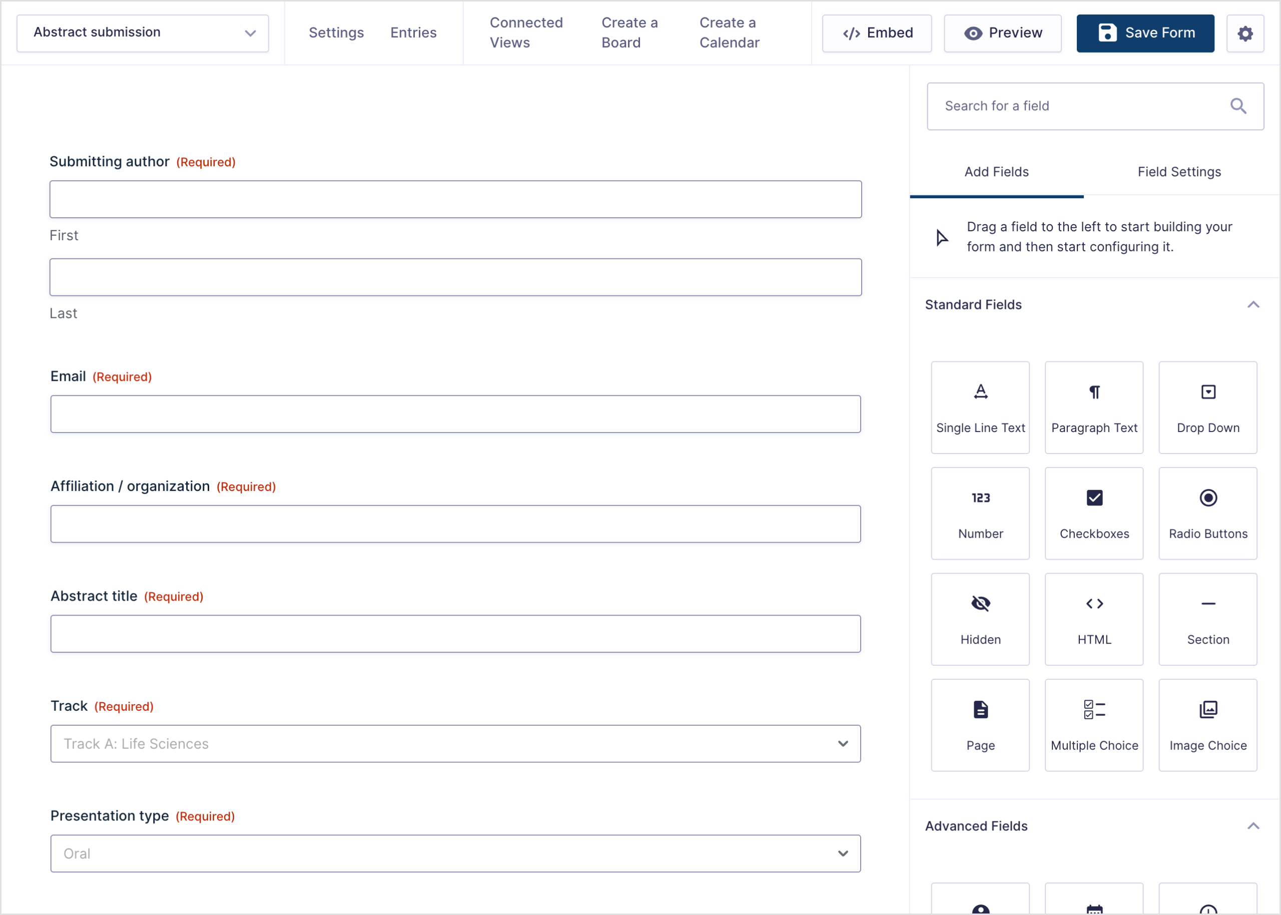 Gravity Forms editor showing an abstract submission form with fields for abstract title, track, presentation type, and a paragraph field for the abstract