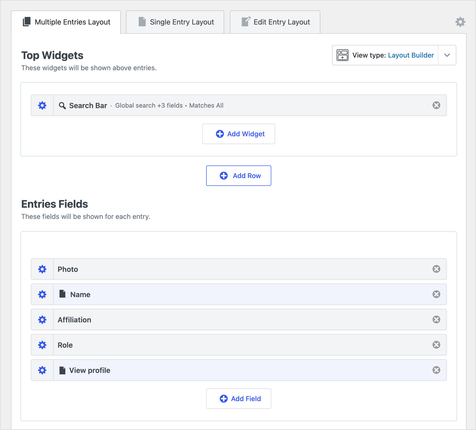 GravityView Layout Builder editor showing the attendee card fields — Photo, Name, Affiliation, Role, and View profile — under the Multiple Entries Layout tab