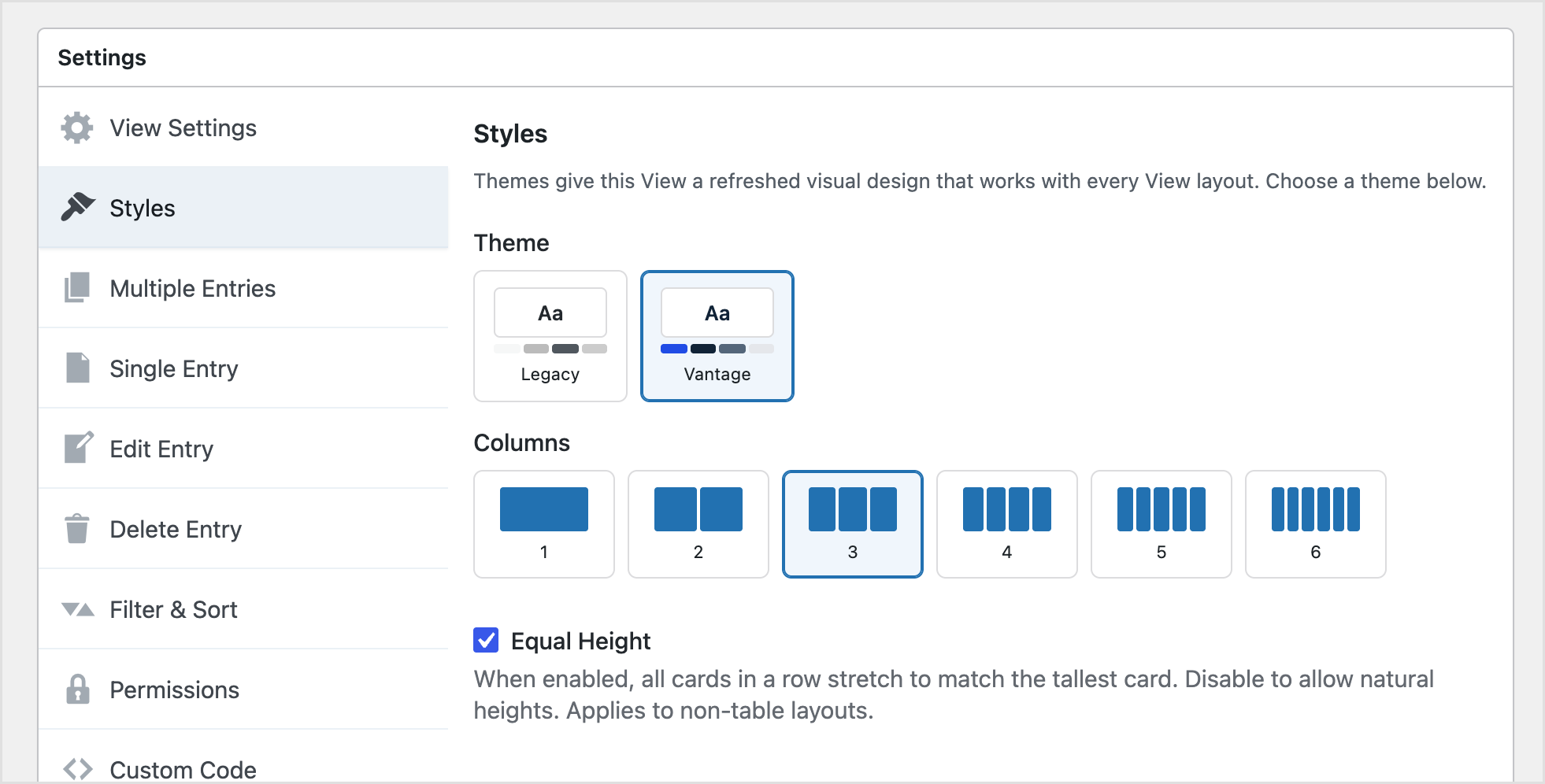 GravityView Styles tab with the Vantage theme selected and the grid columns set to three
