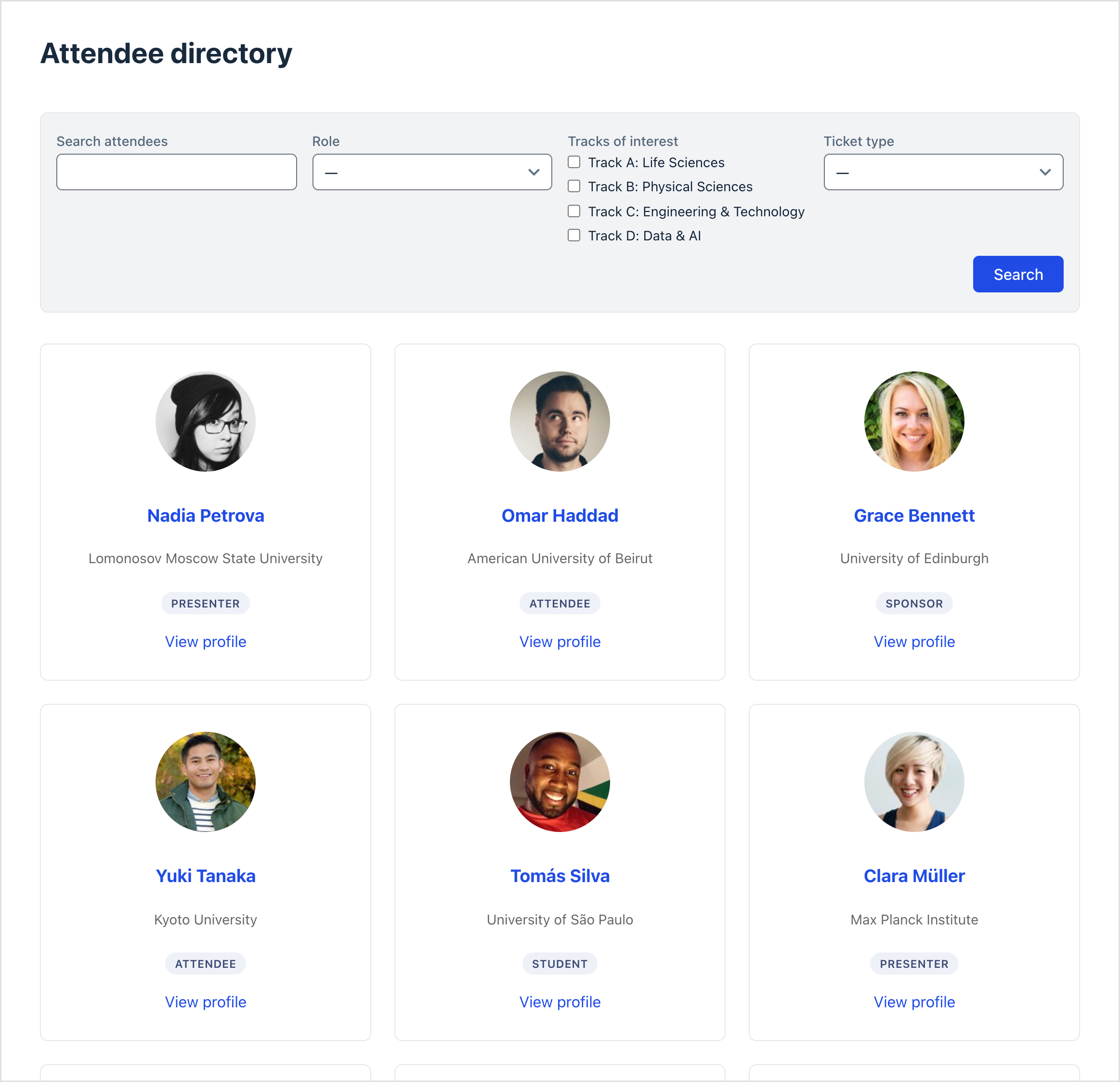 A conference attendee directory shown as a three-column grid of profile cards with circular photos, names, affiliations, role pills, and view profile links, above a horizontal search and filter bar