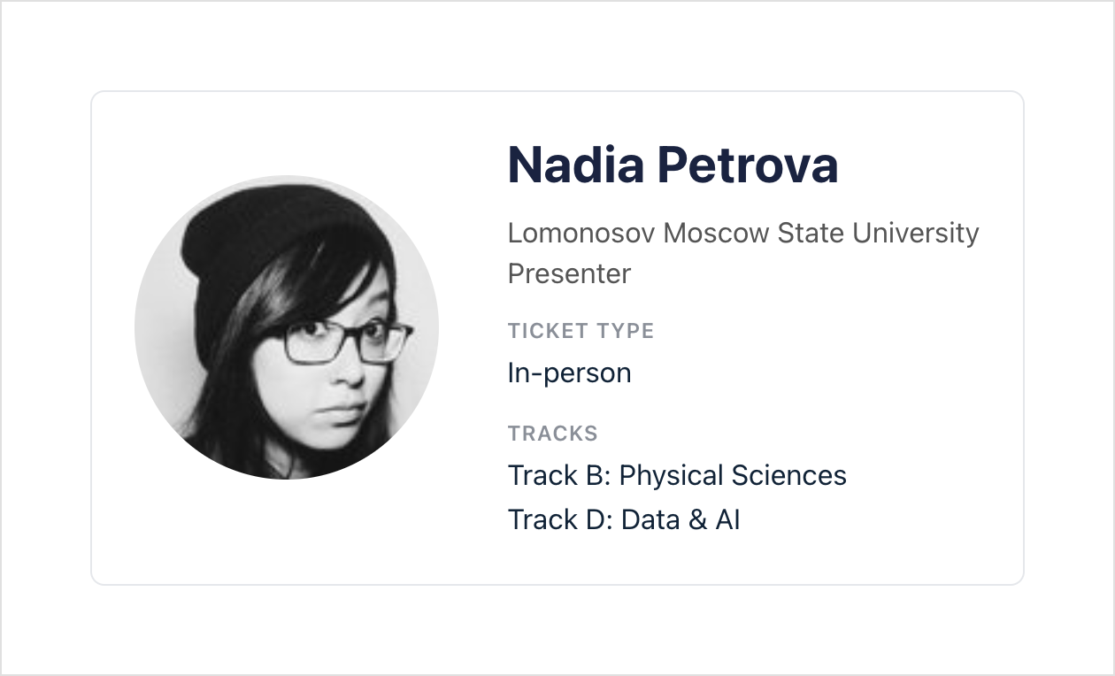 A single attendee profile page displaying the person's photo, name, affiliation, role, ticket type, and tracks of interest