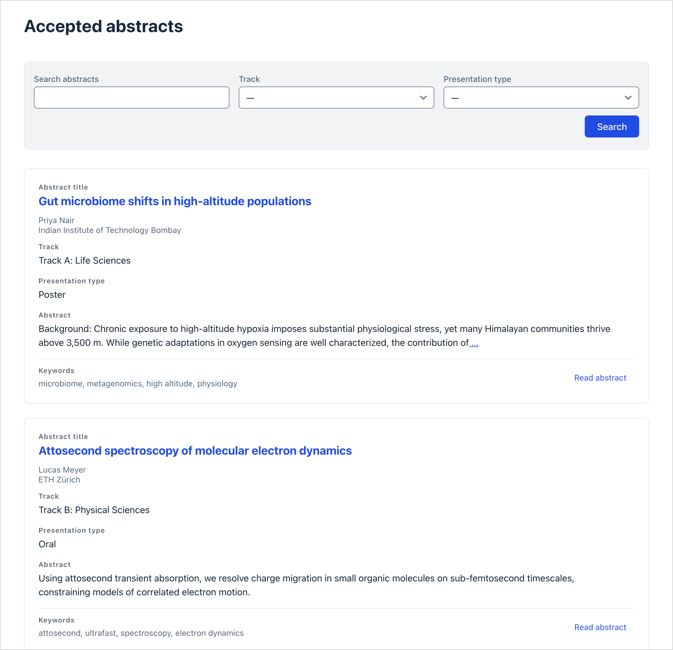 A conference abstract program displayed as a list, each entry showing the abstract title, author, track, and presentation type, with a horizontal search bar above