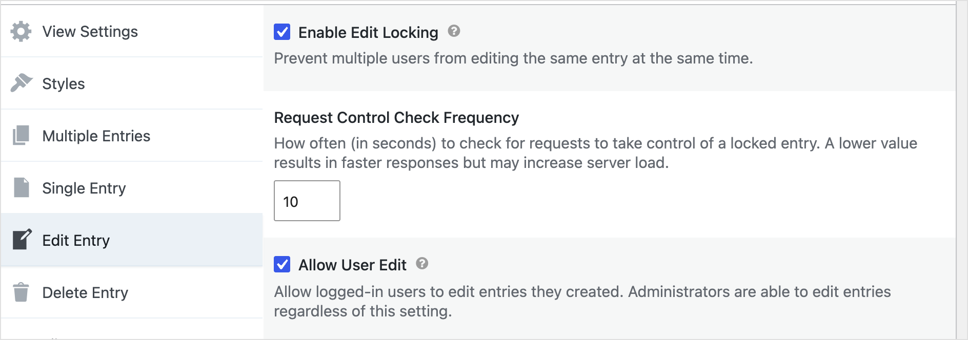 GravityView Edit Entry settings tab with the "Allow User Edit" option checked, allowing logged-in users to edit entries they created