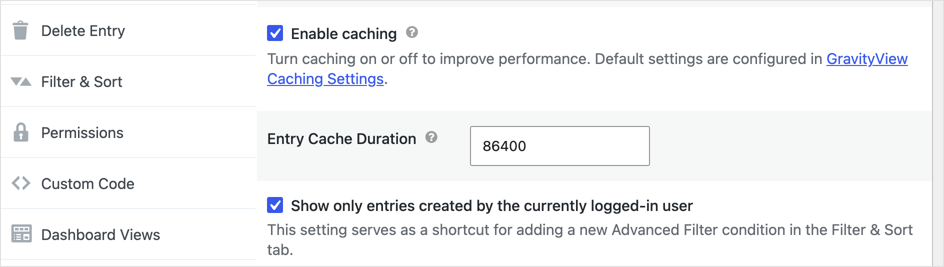 GravityView View Settings tab with the "Show only entries created by the currently logged-in user" option checked
