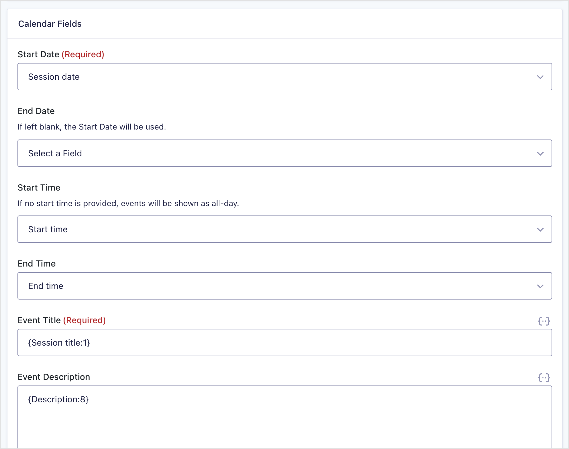 GravityCalendar feed settings mapping event title, start date, start time, end time, and description to fields on a Gravity Forms sessions form