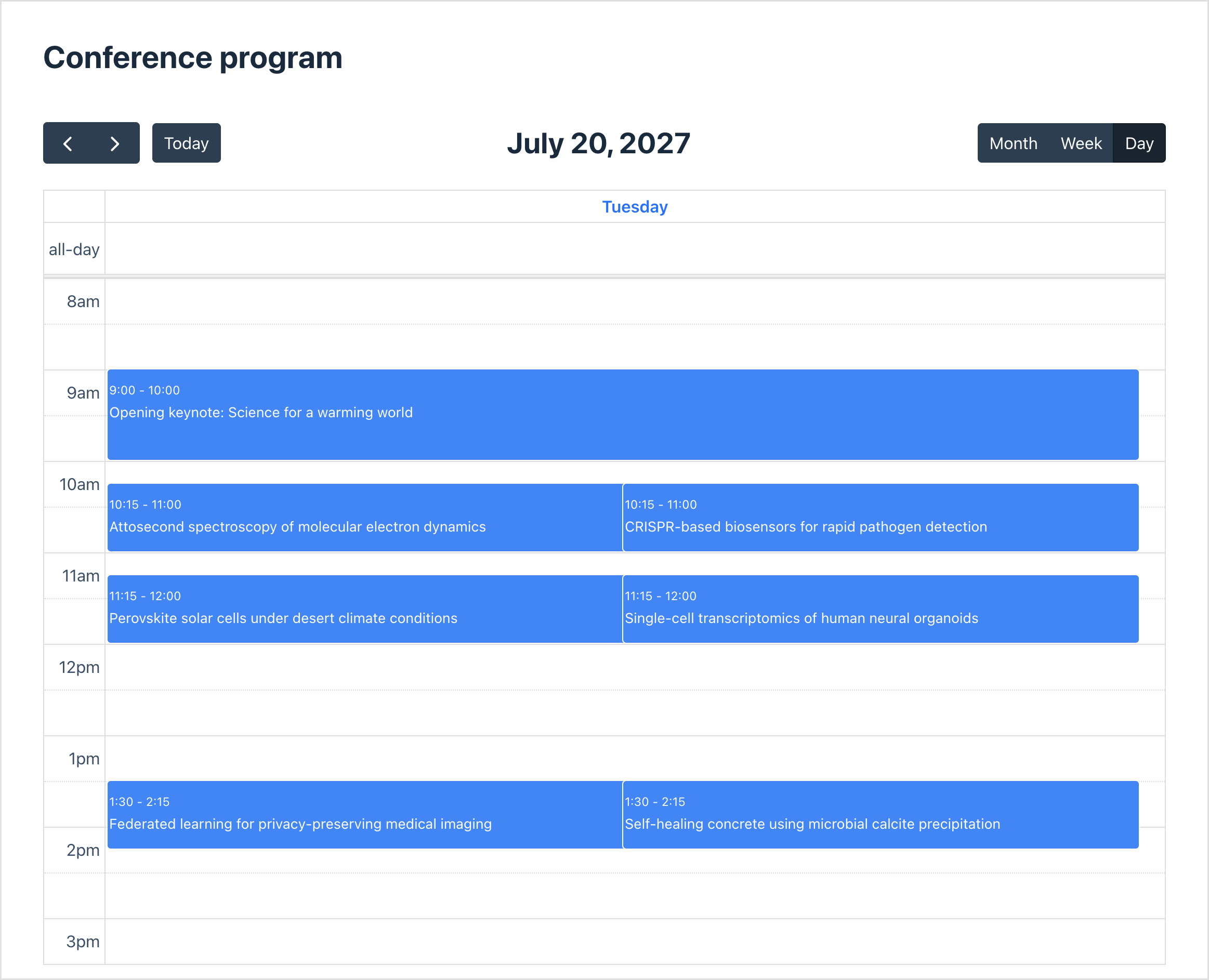 A conference program shown in day view on a calendar, the first day's sessions laid out by time, with controls to switch between month, week, and day views