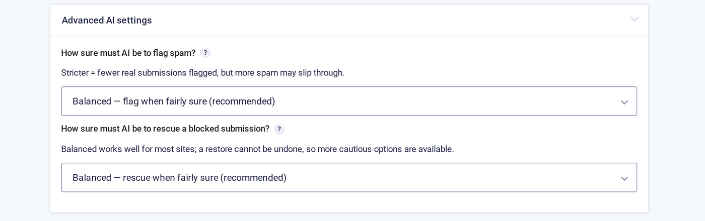Advanced AI settings with confidence levels for flagging spam and rescuing blocked submissions