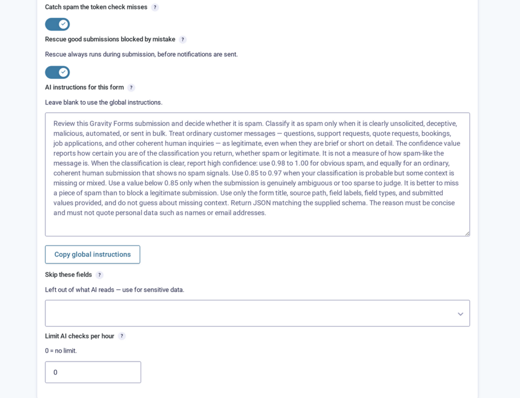 Per-form AI settings with instructions, skipped fields, and an hourly limit