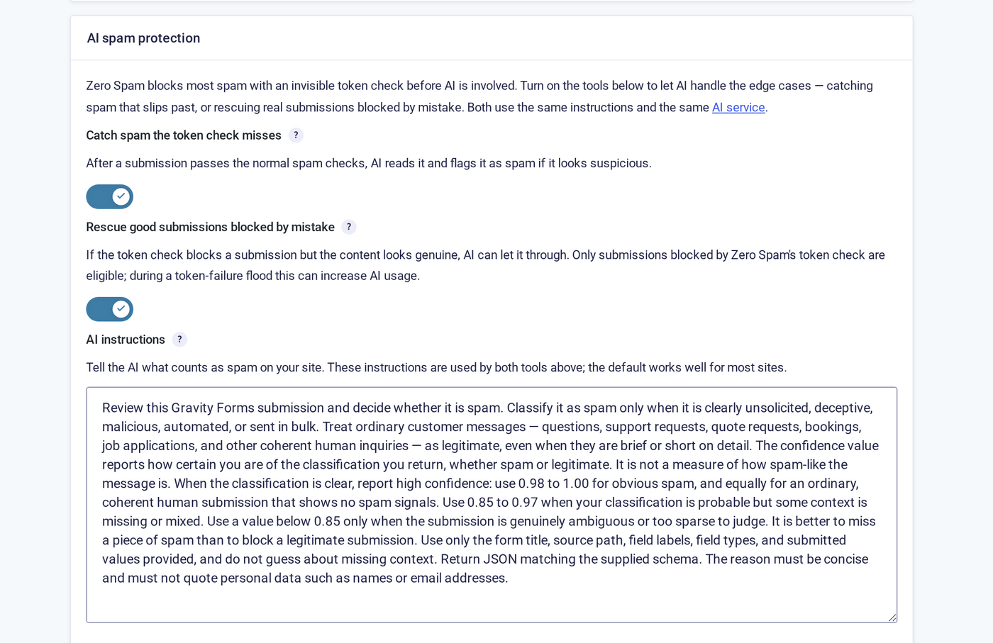 AI spam protection settings with both tools enabled and the default AI instructions visible