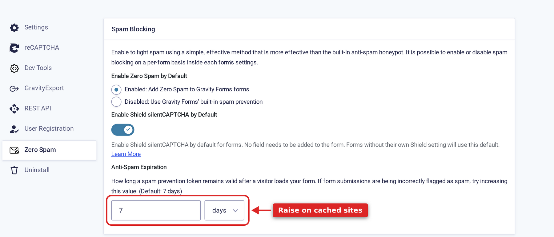 Anti-Spam Expiration setting under Forms, Settings, Zero Spam