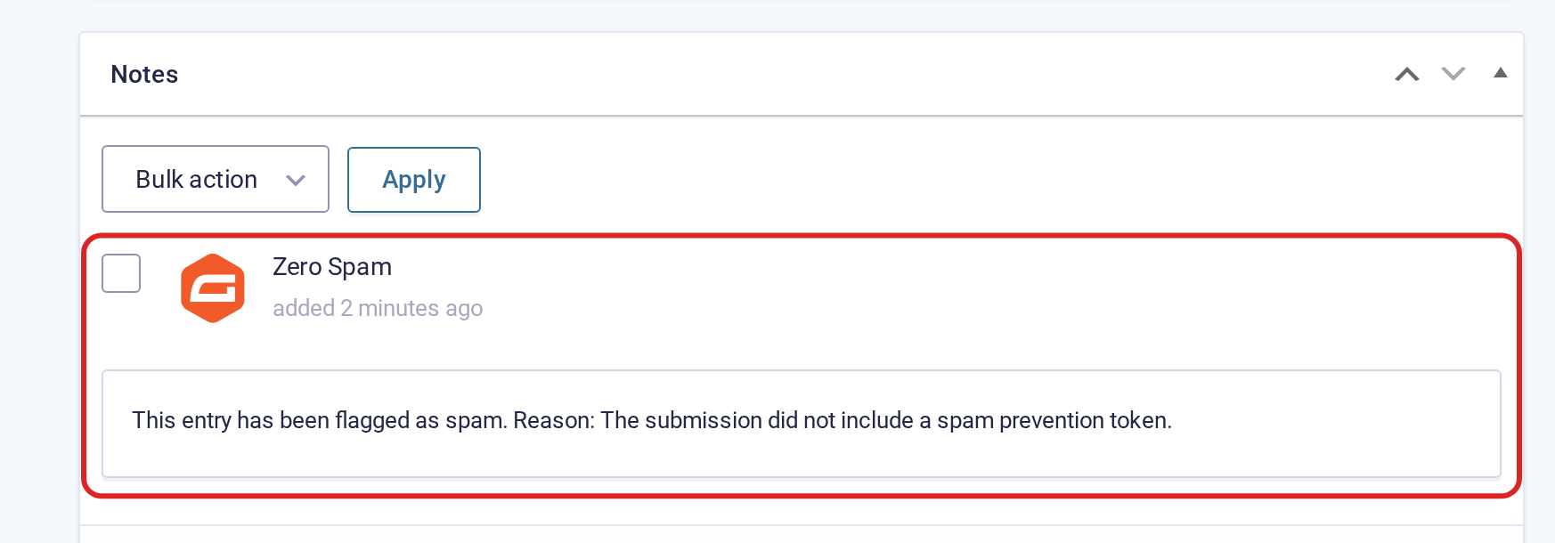 Entry note reading: This entry has been flagged as spam. Reason: The submission did not include a spam prevention token.