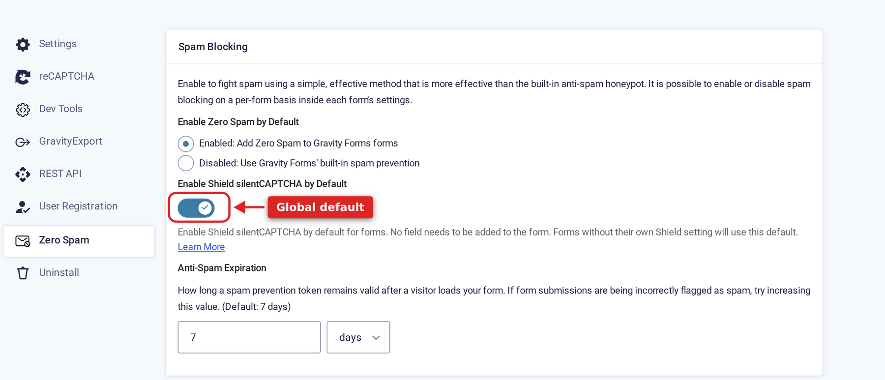 Spam Blocking settings with Enable Shield silentCAPTCHA by Default turned on