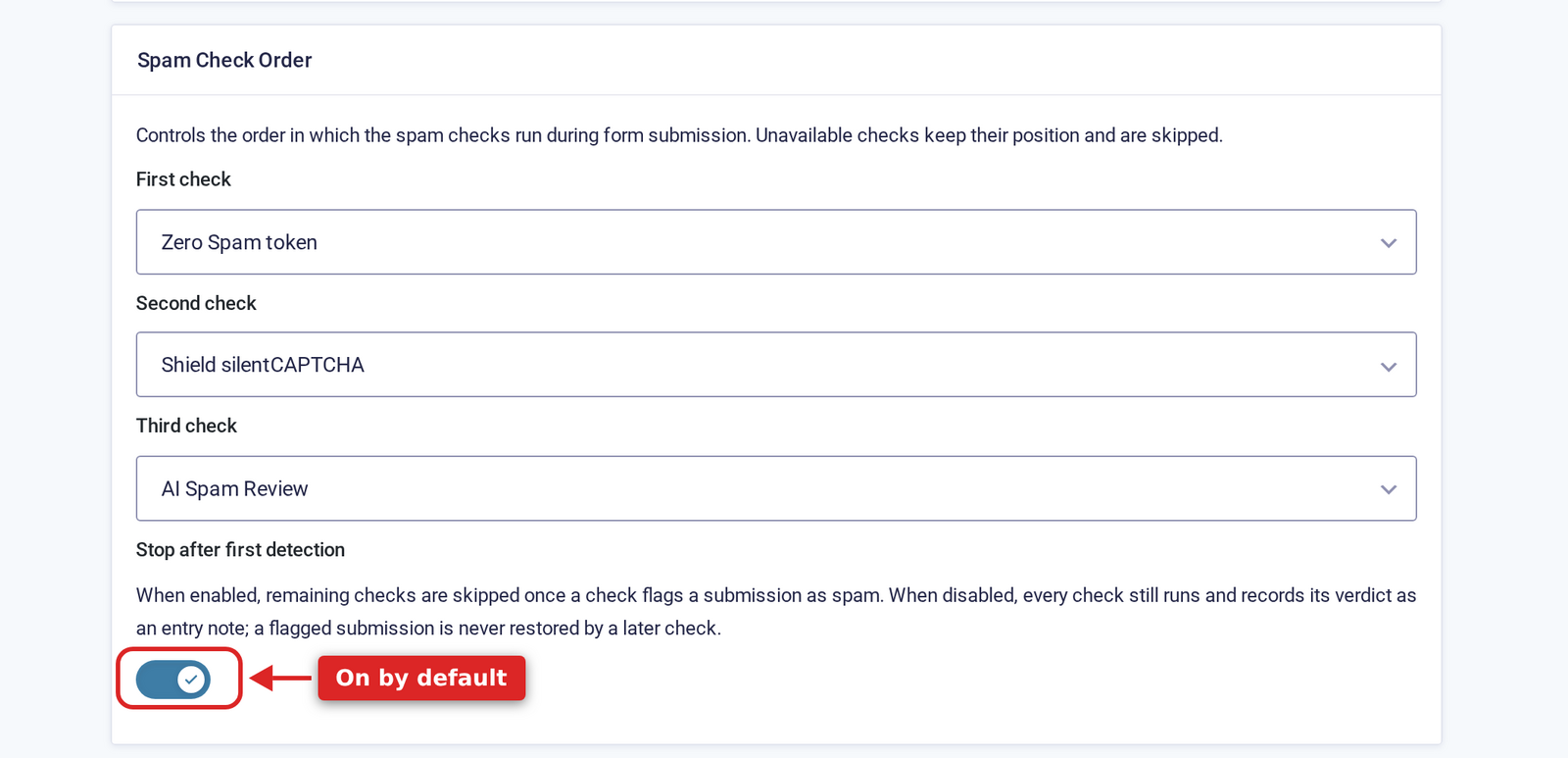 Spam Check Order settings with three ordered checks and the Stop after first detection toggle