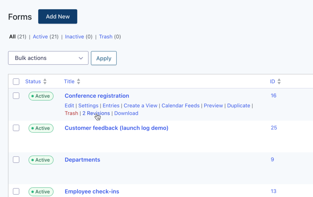 Gravity Forms Forms list with a form's row actions open and the cursor on the new 2 Revisions link added by GravityRevisions