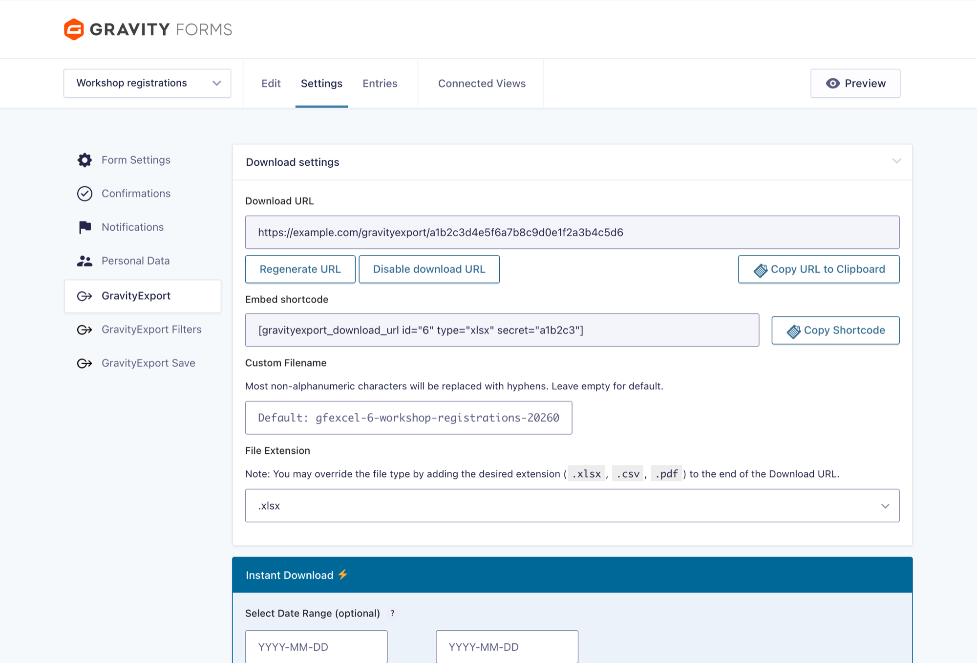 The GravityExport tab of a form's settings showing an enabled Download URL