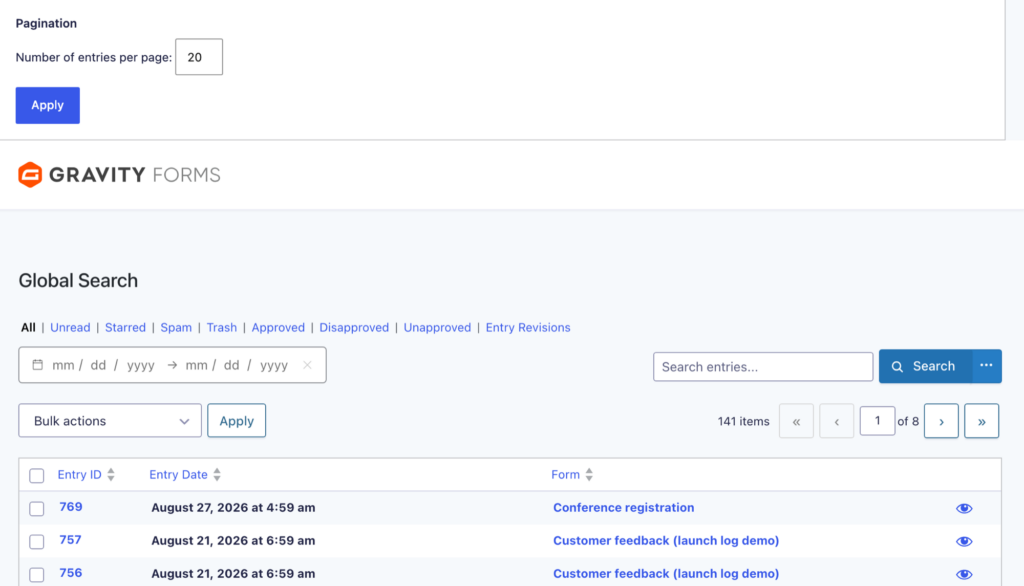 The Global Search page in GravitySearch with the Screen Options panel open, showing the Number of entries per page setting above the search results